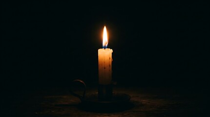 A single lit pillar candle glowing brightly against a pitch-black background for memory and quiet reflection.
