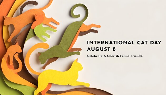 International cat day banner with stylized silhouettes of cats in various colors and poses, celebrating feline friends on august 8th