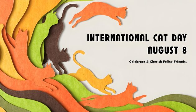 International cat day banner with stylized silhouettes of cats in various colors and poses, celebrating feline friends on august 8th
