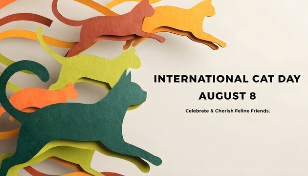 International cat day banner with stylized silhouettes of cats in various colors and poses, celebrating feline friends on august 8th