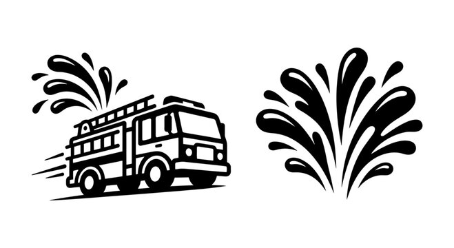 Fire Truck Vector Illustration Black Fire Engine Water Splash Elements Emergency Vehicle Set Isolated White Background