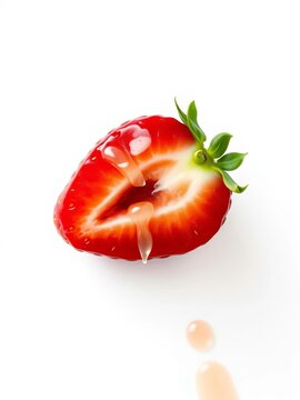 Strawberry slice with green leaves and juice drips on white background, dessert, summer