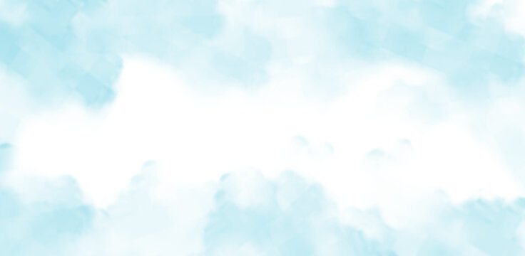 Light blue watercolor background texture frame, soft sky clouds border abstract pastel banner template for design isolated on transparent background