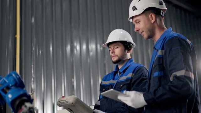 Two robotics technicians inspect welding torch and test on customized robotic arm in warehouse, using tablet for inspection, robot calibration before shipment.