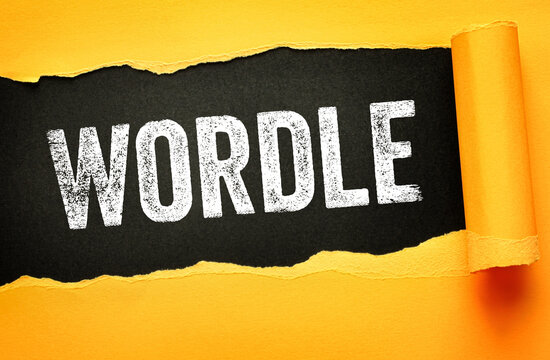 WORDLE text in bold distressed font on creative torn paper background. Modern typography referencing word puzzles, games, and entertainment design for branding or editorial use
