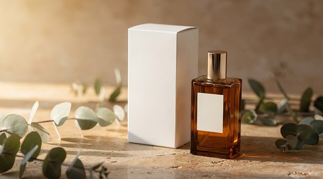 Elegant perfume bottle with blank label and white box on textured surface with eucalyptus leaves.