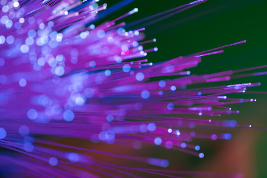 Purple fiber optic light strands on dark technology background