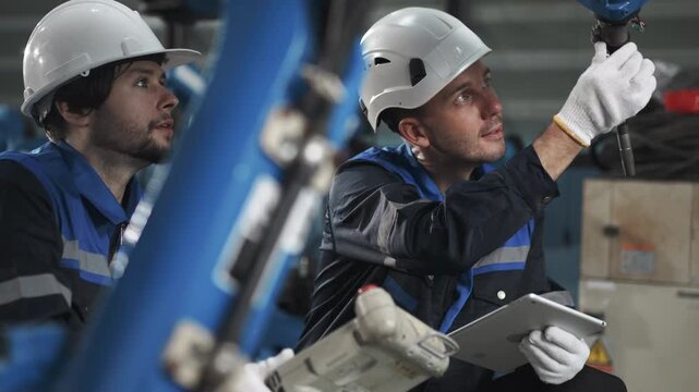 Robotics technicians inspect welding torch on customized robotic arm in warehouse, using tablet for inspection, robot calibration before shipment.