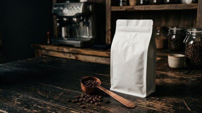 Blank white coffee bean bag with a copper scoop and roasted coffee beans on a rustic dark wooden table in a coffee shop