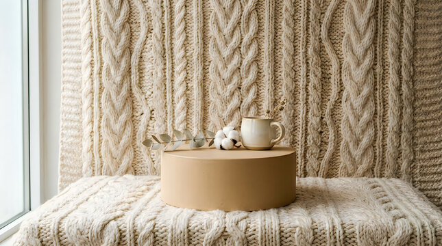 A ceramic coffee mug and a small cotton flower branch on a round wooden display stand in a cozy room