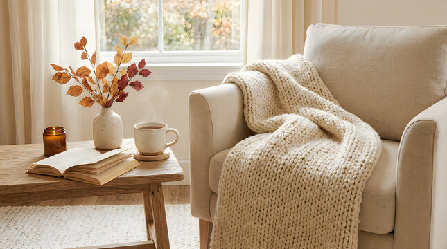 Cozy armchair with a soft knitted blanket next to a coffee table with a book and flowers in a home