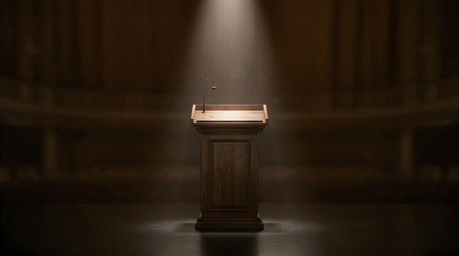 Wooden podium with microphone standing in the center of a dark stage illuminated by a bright spotlight