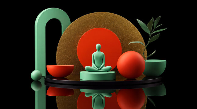 Mint green meditating figure in lotus pose amid red green gold geometric shapes on reflective black surface against dark background