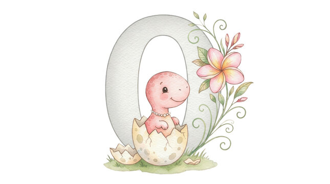 Cute baby dinosaur hatching from an egg with floral decoration isolated on transparent background