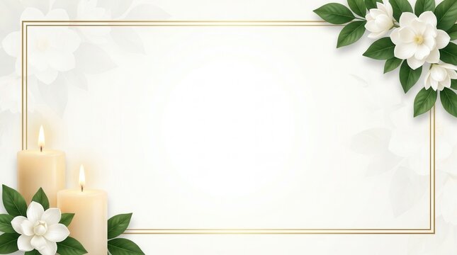 Golden frame funeral invitation design with a soft floral background and lit candles.