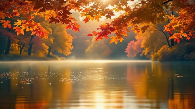Golden Autumn Leaves Reflecting on Tranquil Lake Water