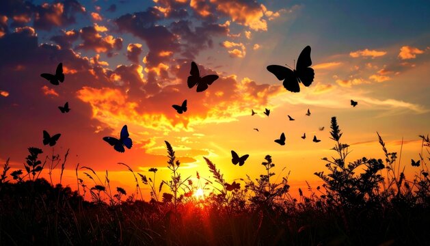 Vibrant sunset sky filled with glowing orange clouds and flocks of birds flying across the horizon, capturing freedom, serenity, and the beauty of nature at dusk.