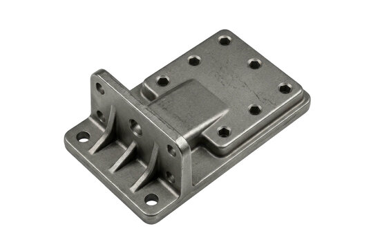 Gray metal machine bracket with mounting holes on black background