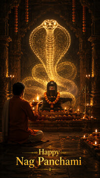 Devotee performing aarti before shiv lingam beneath glowing cobra spirit with marigold garlands lamps and trident during sacred nag panchami worship ceremony