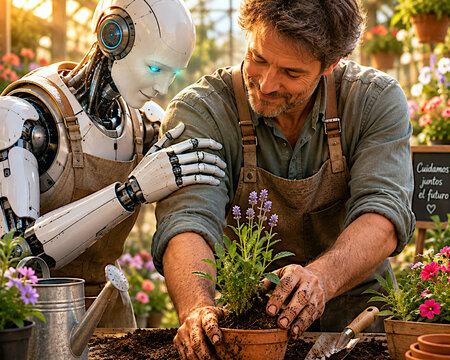 Robot ayuda a humano en trabajo &aacute;nimo, empat&iacute;a y consuelo m&aacute;quina del futuro compasi&oacute;n e interacci&oacute;n con persona equipo en ayuda y colaboraci&oacute;n aut&oacute;mata con planta, sembrar y cuidar maceta jardiner&iacute;a