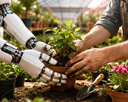 Humano y robot futuro trabajando con planta y jardiner&iacute;a m&aacute;quina y persona juntos ayuda en equipo futurista sembrar maceta bot aut&oacute;mata humanoide