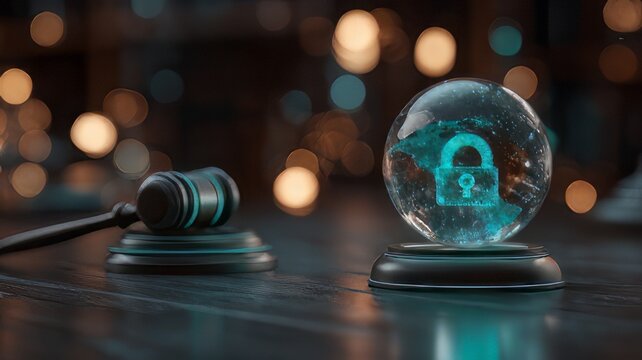 Cyber law, data privacy regulation, and digital security compliance. It combines traditional legal symbols with modern technology to show how the law protects digital data.