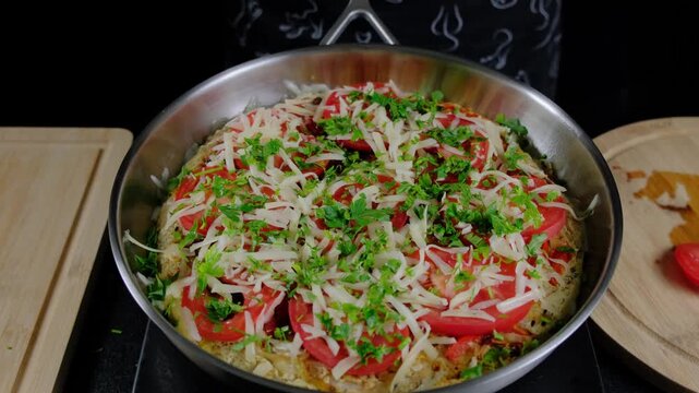 Hands add tomato slices, cheese, and herbs to a flatbread in a skillet on a stovetop, then cover with lid to cook, in a Cooking kitchen.