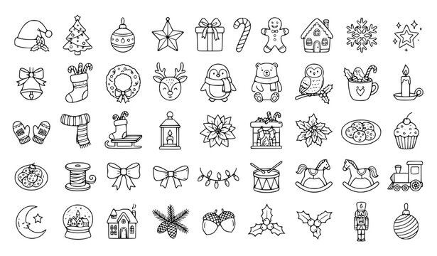Set of cute hand drawn christmas and winter holiday doodle icons on a white background