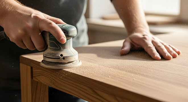 Carpenter Sanding a Wooden Table Surface with an Electric Orbital Sander 