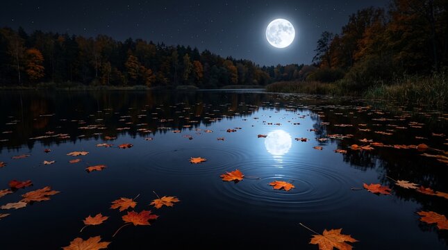 A serene night scene featuring a glowing full moon reflecting on a calm pond with floating autumn leaves for halloween