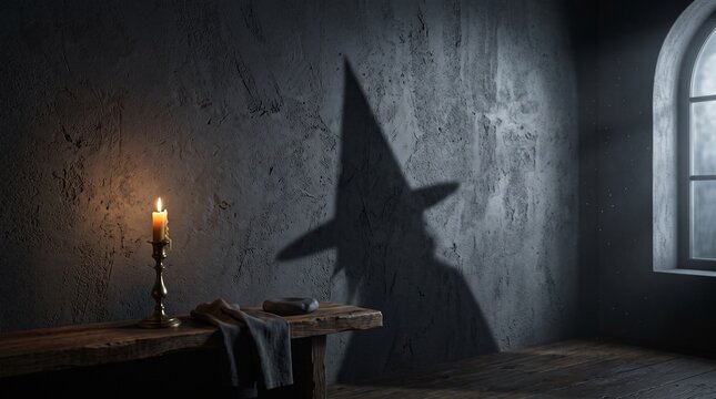 Eerie shadow of a pointed witch hat cast on a dark stone wall for a spooky halloween celebration background concept