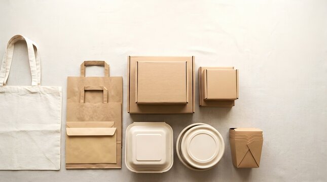 Eco Friendly Recyclable Packaging Set With Paper Bags, Cardboard Boxes and Food Containers on Neutral Background