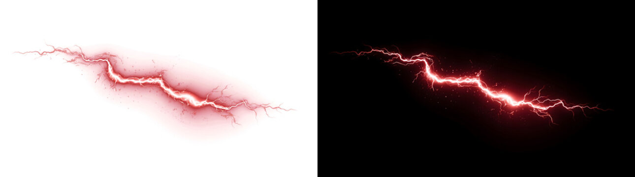 Red electric lightning bolt striking diagonally with sparking energy trails as isolated png with transparent background