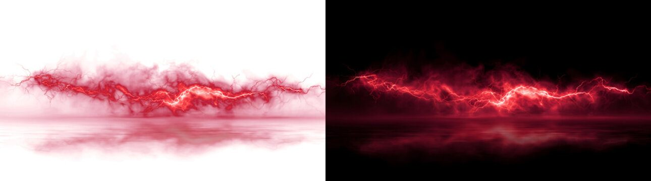 Red electric lightning bolt crackling horizontally with a glowing water reflection as isolated png with transparent background