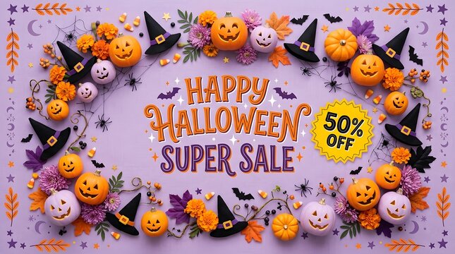 Happy halloween super sale 50 percent off decorative frame with pumpkins and witch hats