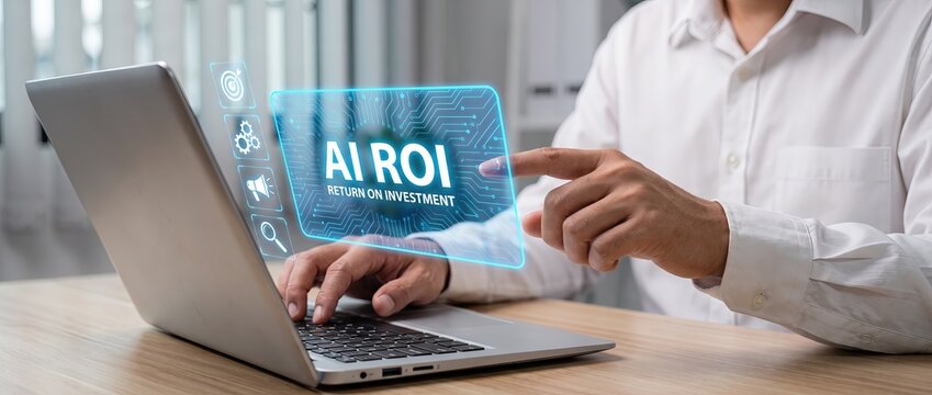 Businessman analyzing ai roi on laptop with digital interface focus on technology and investment in artificial intelligence for better decision making