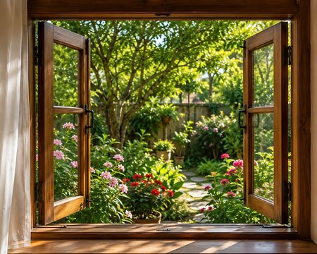 View of garden through open wooden window