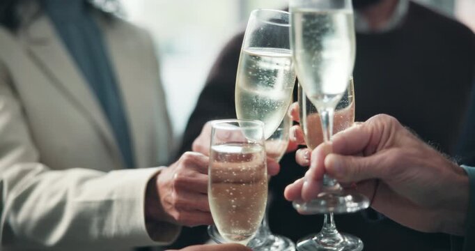 Hands, toast and business people with champagne in office for success, deal closure and victory. Corporate, team and workers with alcohol, cheers and celebrate for achievement, support and milestone