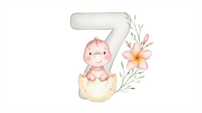 Cute baby dinosaur hatching from an egg with number seven isolated on white background