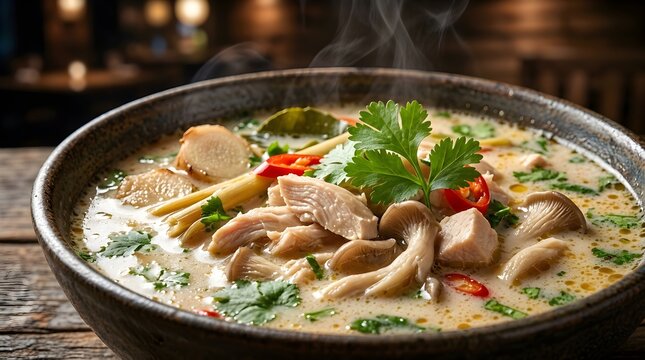 Tom Kha Gai Coconut Chicken Soup close up potos