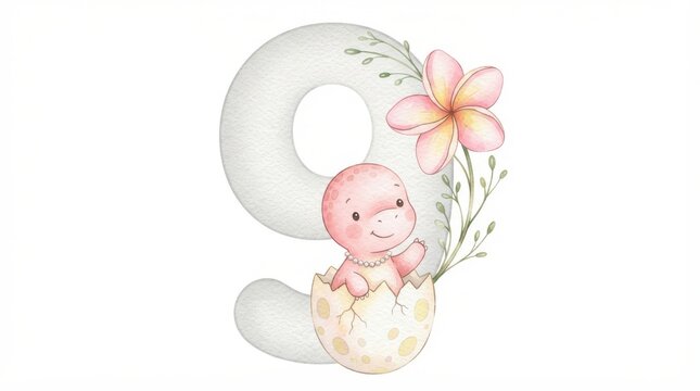 Watercolor illustration of number nine with cute baby dinosaur isolated on white background