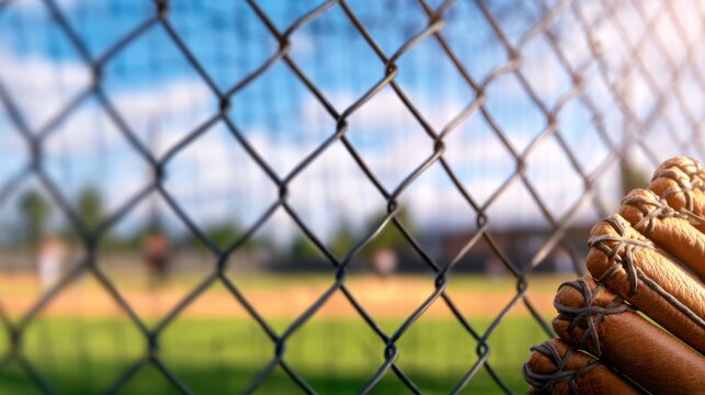 A close-up view of a baseball glove resting against a chain-link fence, with a blurred field in backdrop