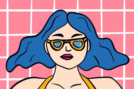 Woman swimmer with goggles in pink tiled pool illustration
