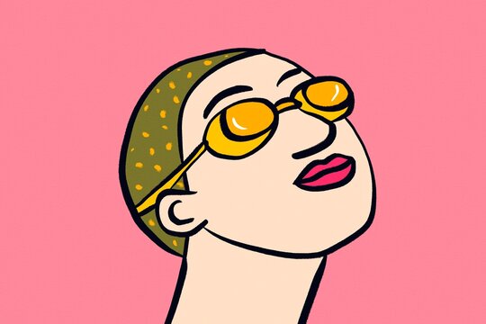 Female swimmer wearing yellow goggles in colorful illustration