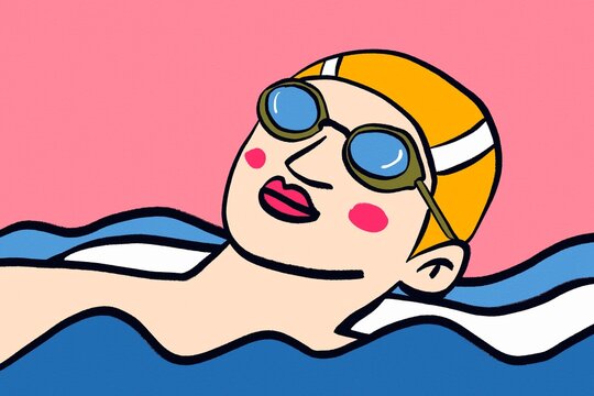 Female swimmer in goggles and cap in stylized water