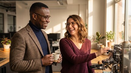 Obraz premium Generative AI, Two colleagues laughing over coffee in the office kitchen