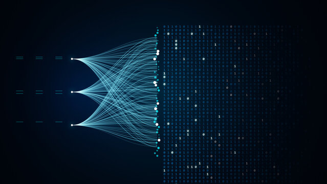 Abstract visualization of binary code data streams processing through a complex artificial intelligence neural network structure