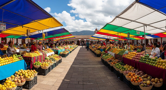 Vibrant Outdoor Market with Colorful Stalls and Fresh Produce