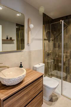 Modern apartment bathroom with shower, vanity and stone basin