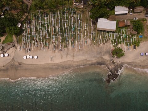 Aerial view of traditional fishing boat on Bali beach
